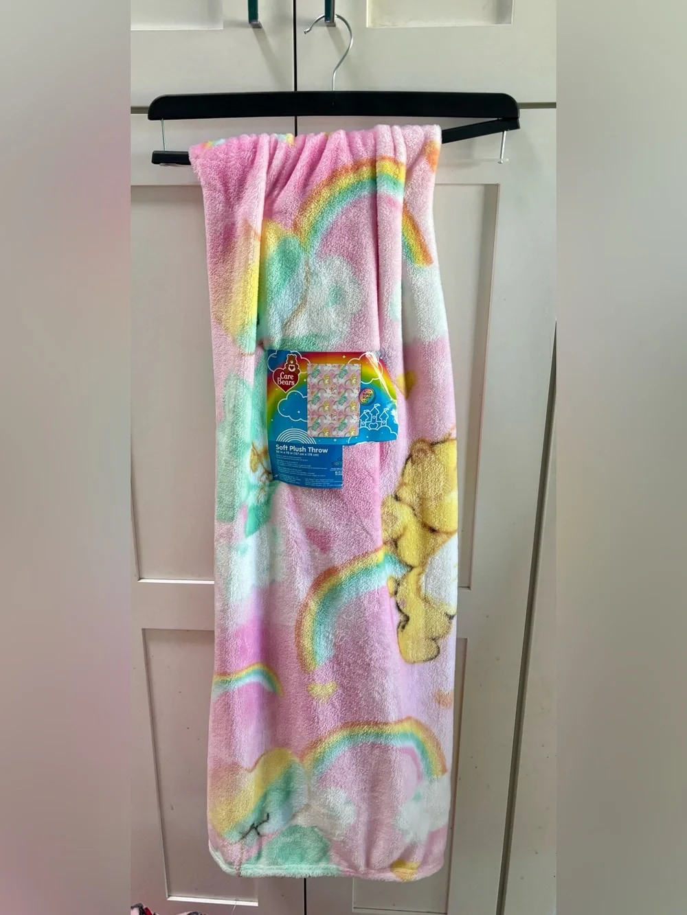 Care Bears Pink Plush Throw Blanket with Rainbows and Yellow Bear